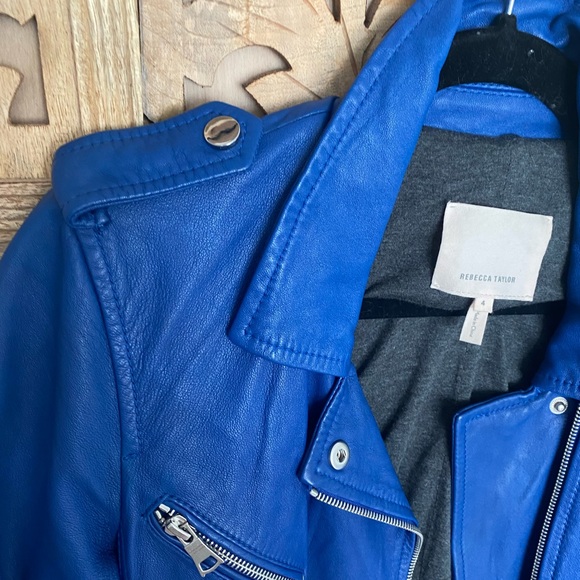 Vivid Blue Rebecca Taylor Leather Moto Jacket SZ 4 - Picture 3 of 8